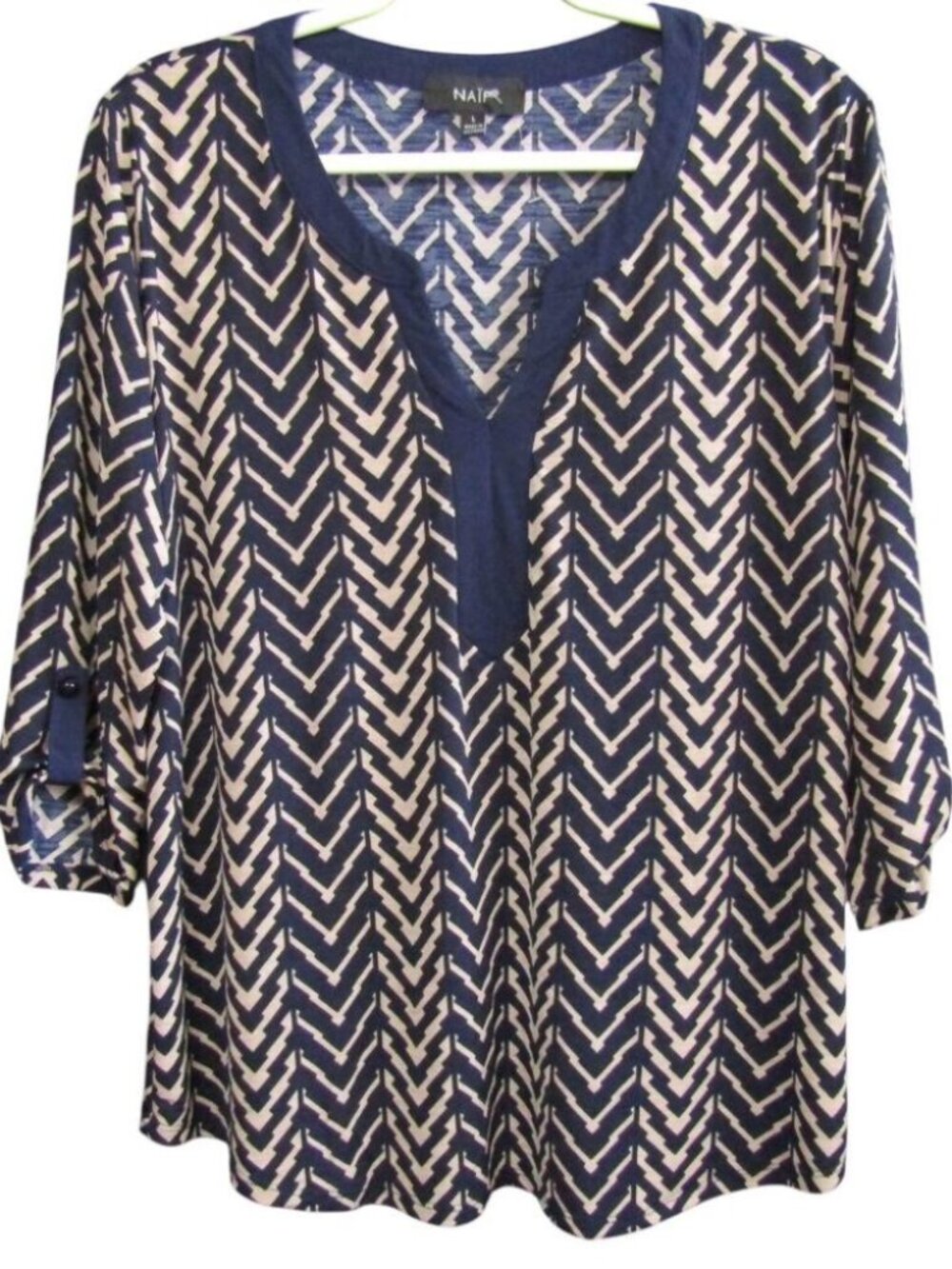 Naif Womens Tunic Top Size L Blue Cream Zig Zag Print 3/4 Sleeve Split Neck